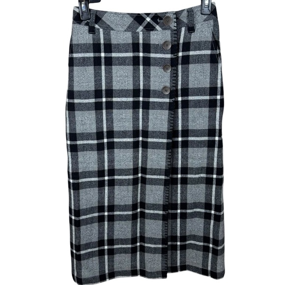 Eddie Bauer Black Gray Wool Nylon Modest Check Midi Pencil Plaid Wrap Skirt - Picture 1 of 9